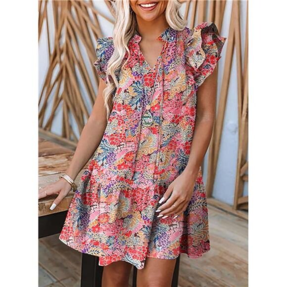 Women's Summer V-Neck Ruffle Cap Sleeve Mini Dress - Picture 3 of 5